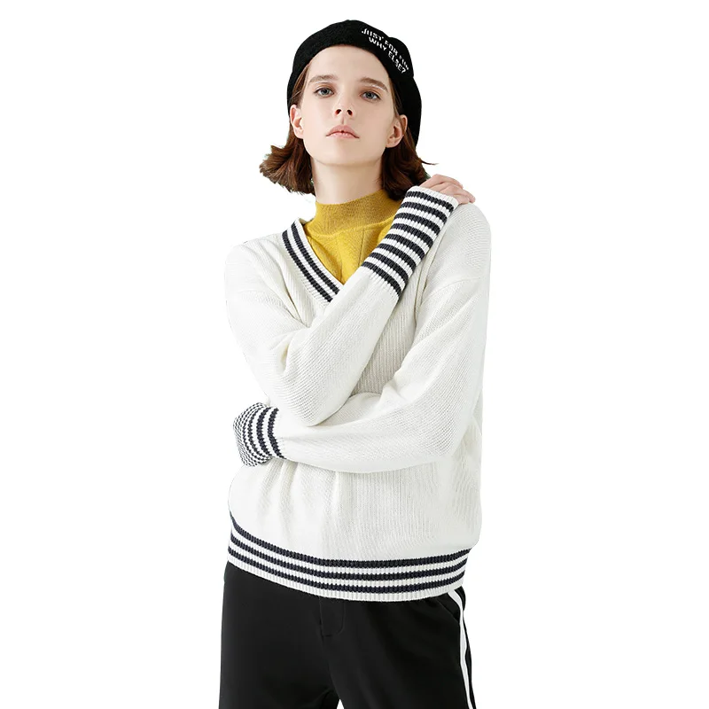 Toyouth Tricot V-neck Fashion Woman Sweater Stripe Patchwork Loose Casual Tops Long Sleeves Knit Pollover Jumpers | Женская одежда