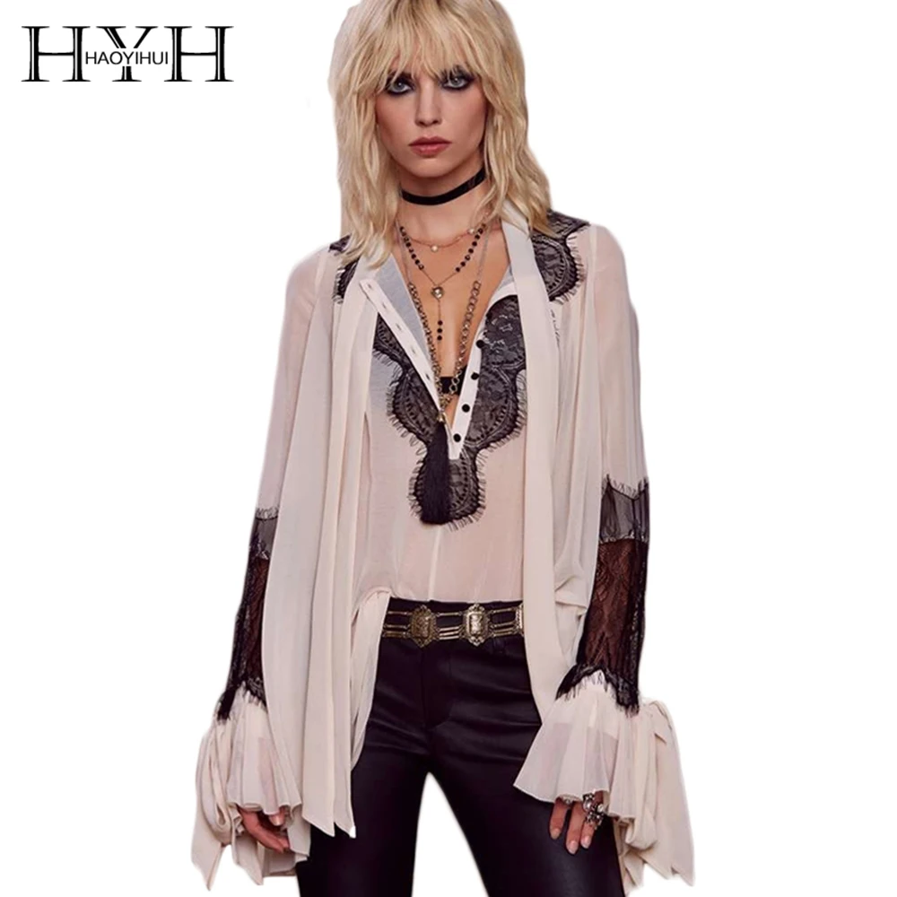 HYH haoyihui однотонные белые женские блузки кружева лоскутное глубокий v-образным