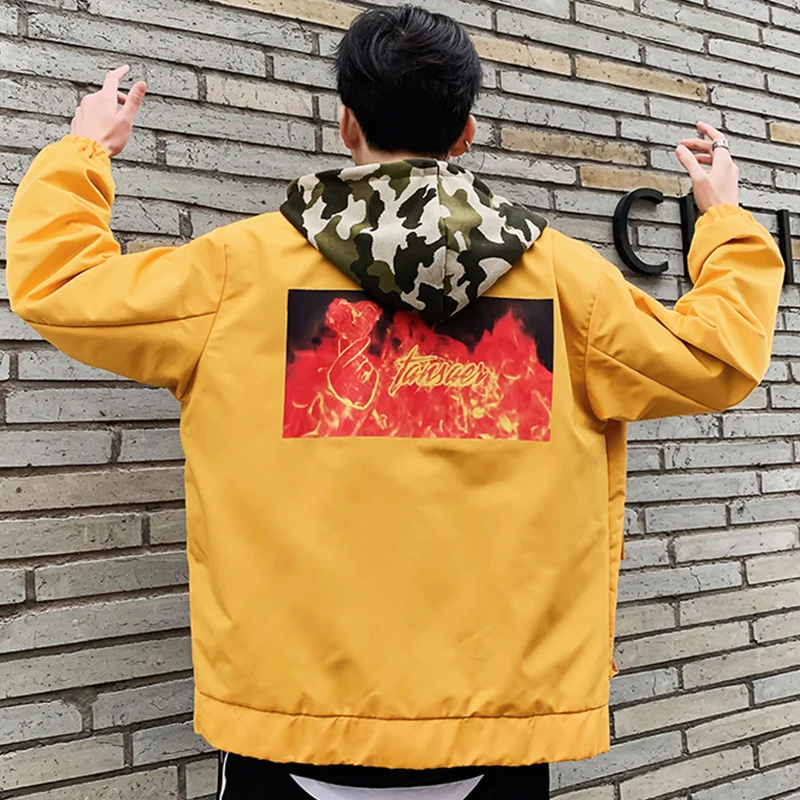Весенняя Мужская куртка с капюшоном уличная одежда в стиле пэчворк желтые