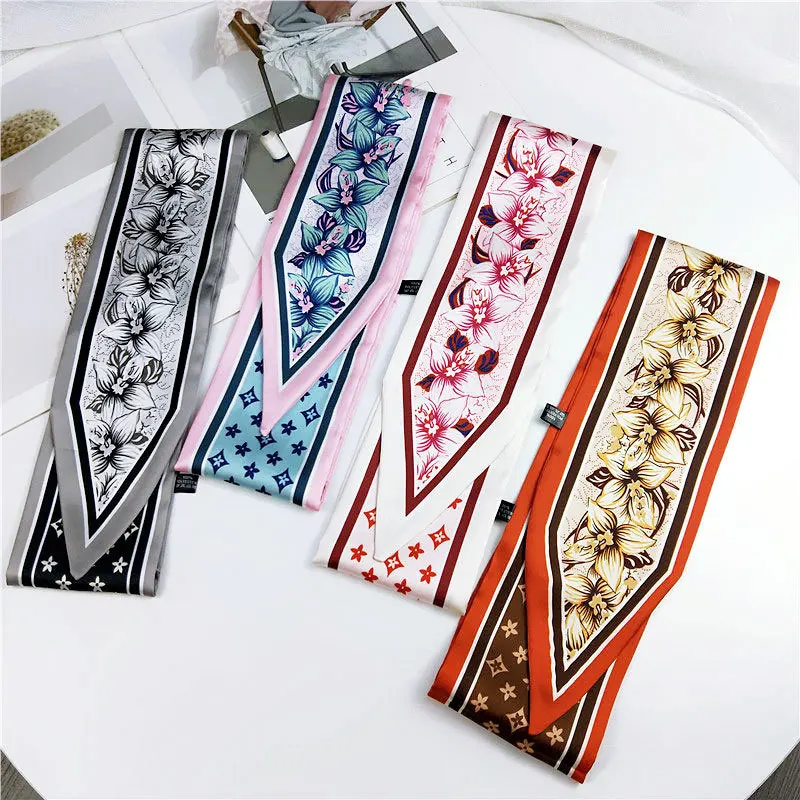 Fashion Hair Scarf For Women Neckerchief Cute Tie Wrist Ribbons Print Silk Satin Bag Scarfs Long Skinny Scarves For Ladies