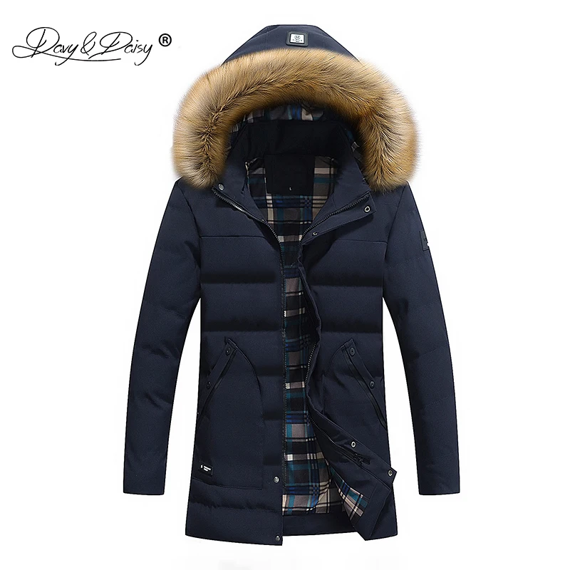 DAVYDAISY осенне-зимние мужские парки с длинным меховым воротником, Мужская на подкладке из хлопка, толстые теплые куртки, пальто, модная верхняя одежда JK041