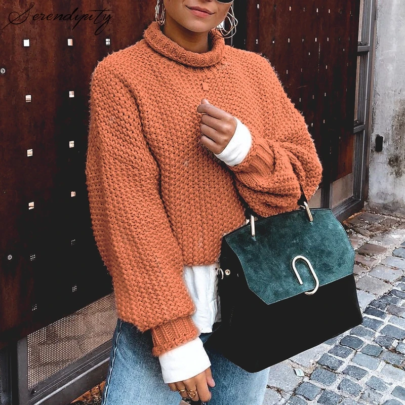 Женский вязаный свитер SRDP с высоким воротом оранжевого цвета на зиму 2019 | Женская