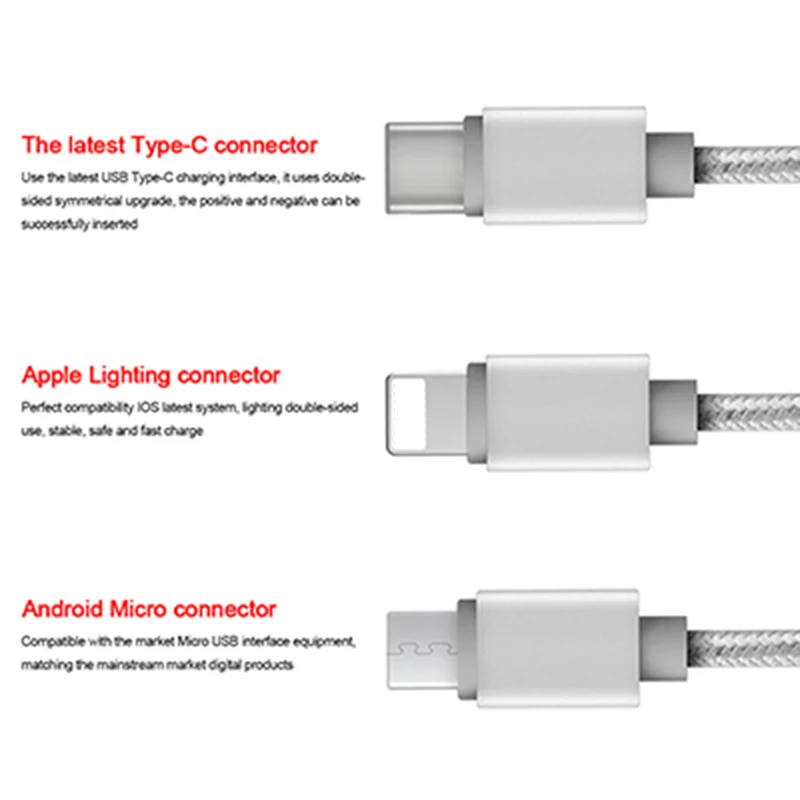 Дело hotgo 1.2 м multi Зарядное устройство Кабели 3 в 1 Micro USB + Тип C 8 Булавки