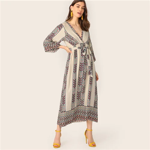 Multi Sheinside Boho платье с v-образным вырезом и цветочным принтом для женщин летние прямые платья с высокой талией и поясом дамское платье с рукавом 3/4 - Color: Multi