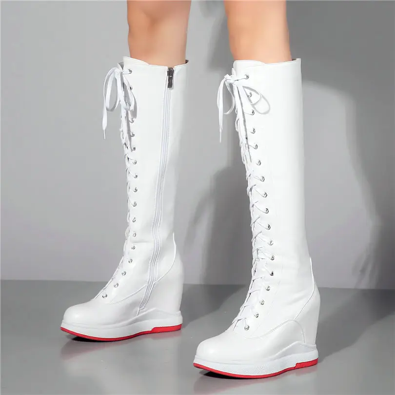 Thigh High Boots Women Genuine Leather Lace Up Knee High Booties Wedges High Heel Tall Shaft Punk Sneakers Winter Punk Creepers