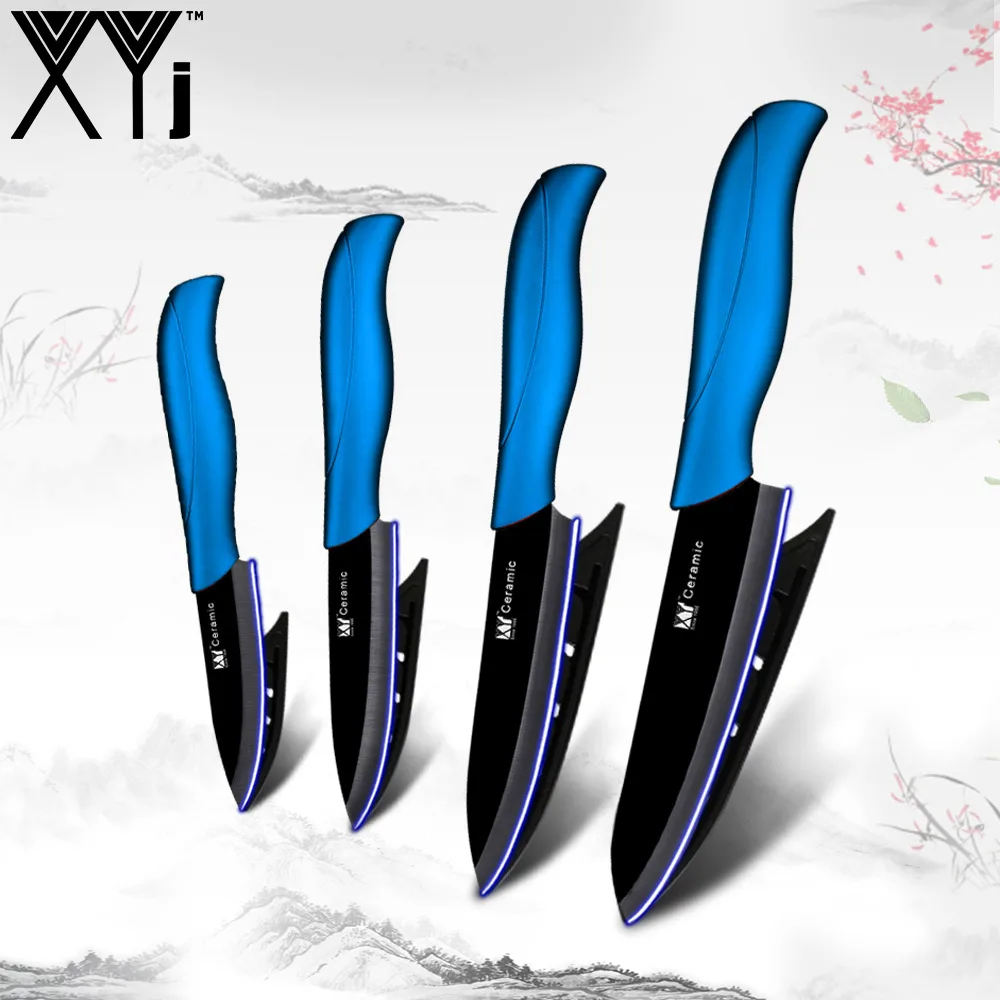 Blue H Black Blade XYj набор керамических кухонных ножей высокого класса ABS+ TPR ручка " 4" " 6" циркониевое лезвие набор кухонных ножей и оболочка 4 шт - Цвет: Blue H Black Blade