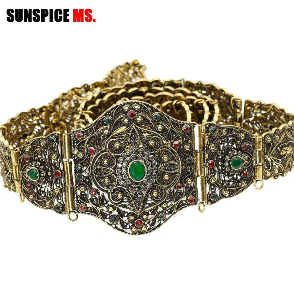 belt436green SUNSPICE-MS, античный, золотой цвет, металлический пояс на талию для женщин, кафтан, пояс, Марокко, свадебные украшения для тела, регулируемая длина, цепочка - Окраска металла: belt436green