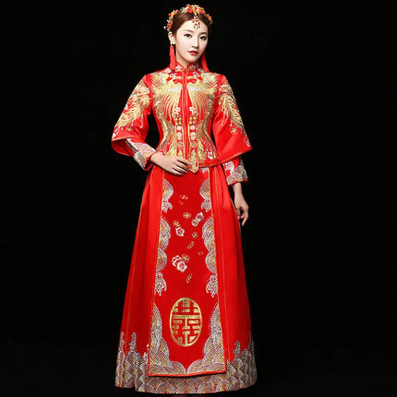 Традиционный китайский свадебное платье Вышивка Cheongsam красный Qipao длинный халат