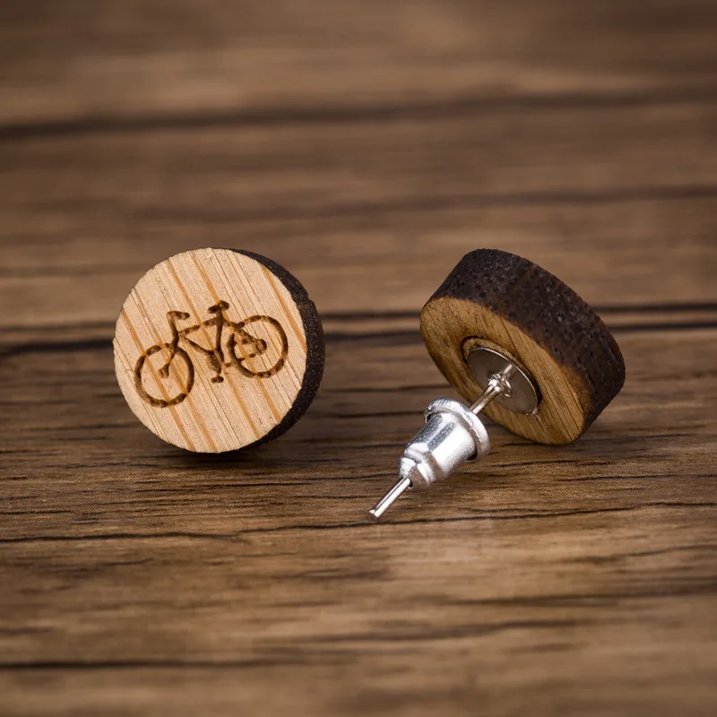 Фото Новые деревянные серьги в стиле хип хоп панк с изображением велосипеда модные
