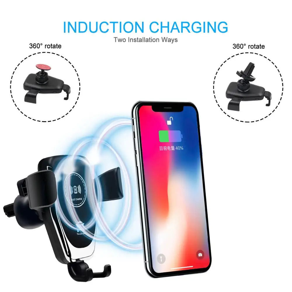 Автомобильное беспроводное зарядное устройство Qi для iPhone 8 8Plus Xs Max Xr X Samsung Galaxy S10 S9