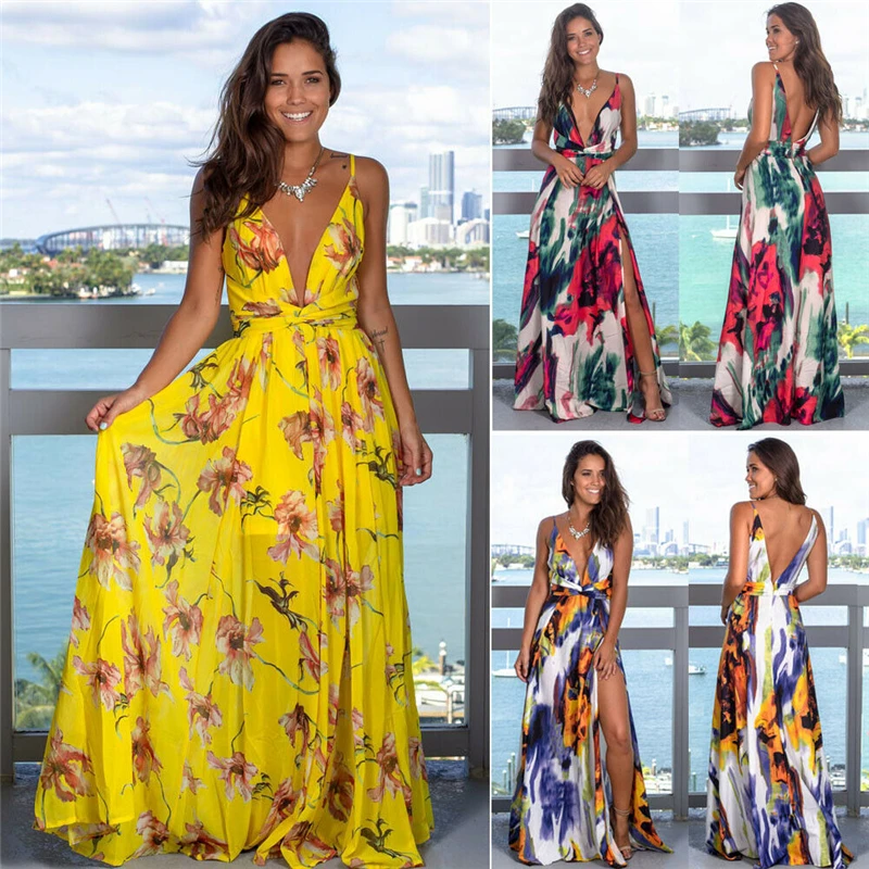 Женское длинное платье макси в стиле бохо летнее сексуальное на бретельках с