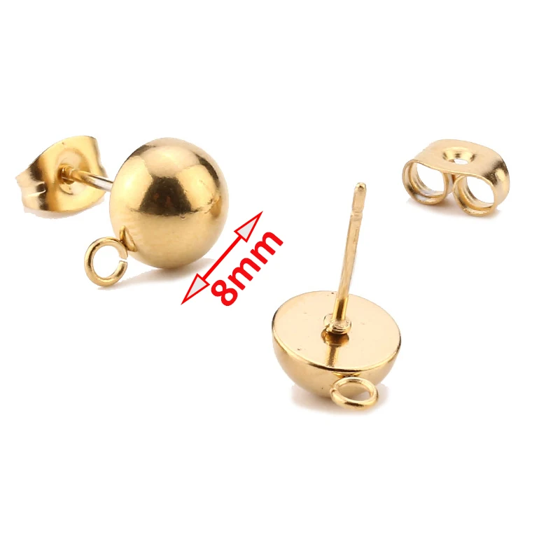 8mm Solid Half Ball Золотые полые круглые дисковые гвоздики для ушей 10 мм 18 K позолоченные из нержавеющей стали с геометрическим дисковым стержнем, сережки компоненты с отверстием - Цвет: 8mm Solid Half Ball