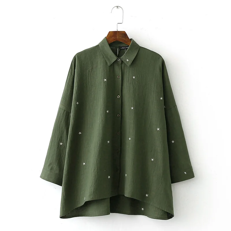 Women star embroidery loose shirts half sleeve turn down collar elegant blouse ladies casual office wear tops blusas LT1166 |