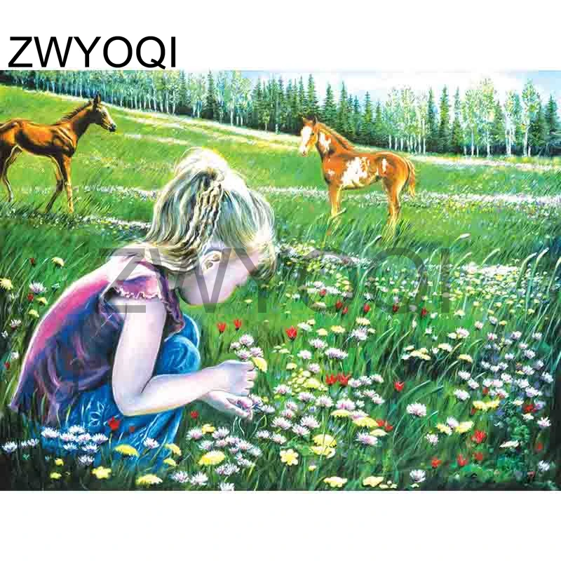 Full Square Diamond embroidery Cross stitch girl horse grassland Round mosaic 5D DIY painting | Дом и сад