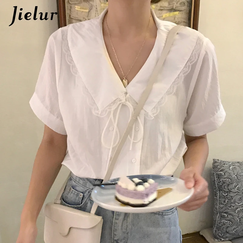 Jielur женские рубашки на шнуровке однотонная блуза с коротким рукавом Женская