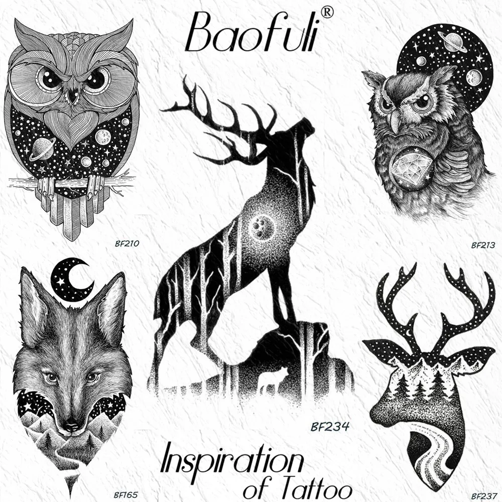 

BAOFULI Forest Elk Moon Antlers Moose Temporary Tattoo Galaxy Body Art Arm Black Tatoo Sticker For Men Women 3D Owl Tattoo Paste