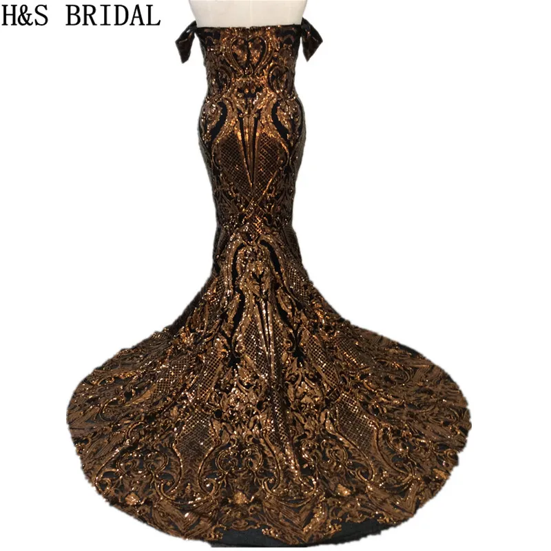 H&ampS BRIDAL Off Shoulder Mermaid Prom Dresses Gold Sequin Luxury Vintage Arabic Evening 2020 Plus Size robe de mariee | Свадьбы и