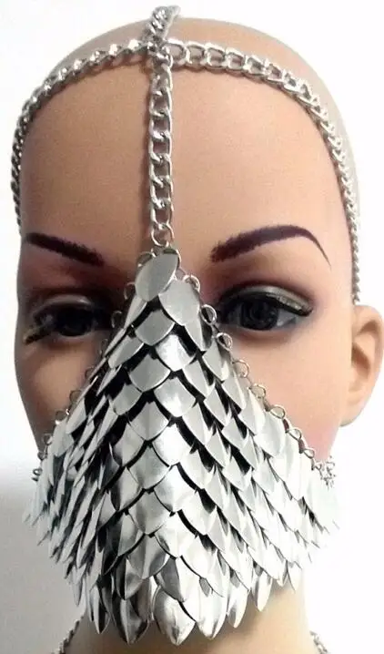 Mask Silver Color Chran Chainmail, маска, бюстгальтер, скальмейл, наплечная броня, косплей, сжигающий человек, головной убор, цепочка на голову, повязка на голову, средневековая, Ren Faire, ювелирное изделие - Окраска металла: Mask Silver Color