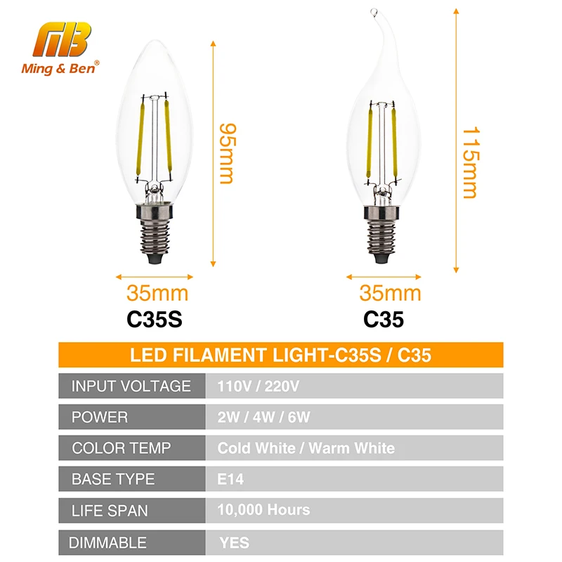 4 шт. светодиодный светильник свеча с нитью накаливания E14 110 В 220 2 Вт 6 C35 Эдисона в