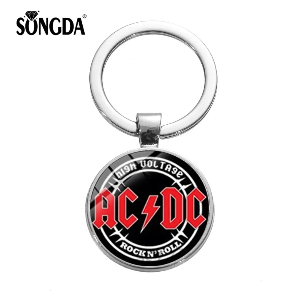 SONGDA Горячая музыкальная группа AC/DC металлический брелок поп-группа ACDC красный логотип художественное Изображение Стекло кристалл драгоценный камень брелоки цепи-сувениры подарки