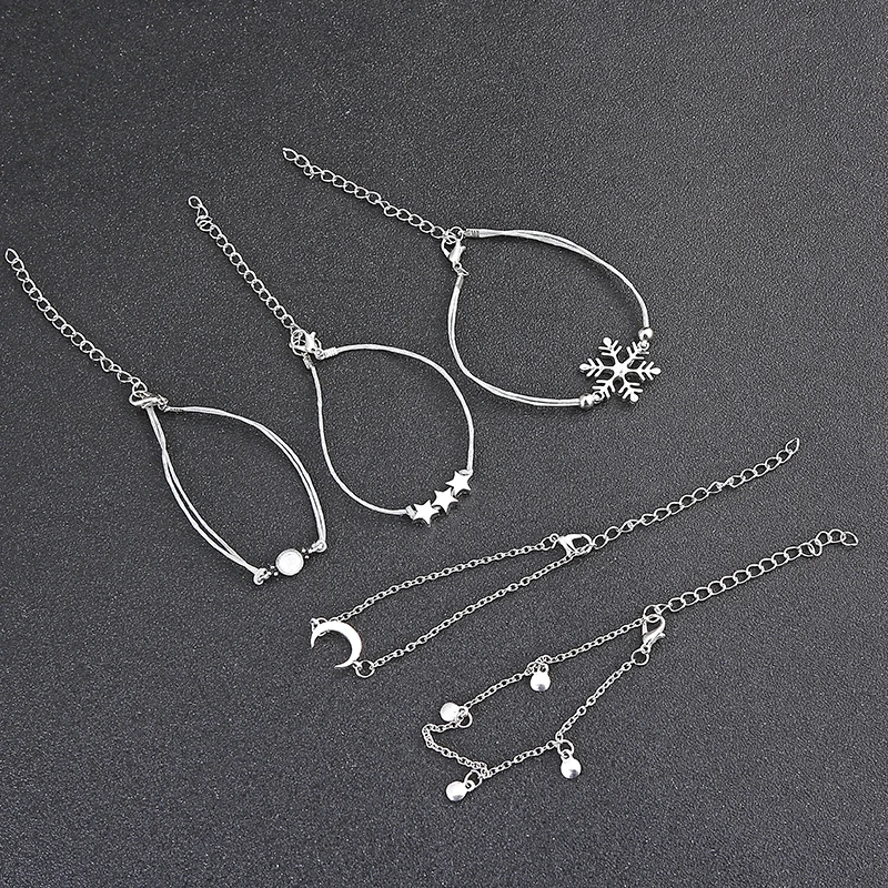 YAOLOGE 5 Pcs/ Set Punk Snowflake Moon Star Crystal Rope Chain Multilayer Pendant Couples Bracelet Charm Girl Jewelry Gift | Украшения и