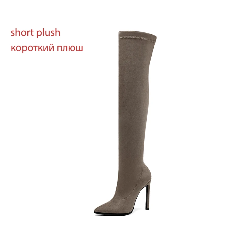 WETKISS/леопардовые эластичные флоковые сапоги на шпильке; женские высокие сапоги до бедра; женская обувь для вечеринок; Женская эластичная обувь; зимняя обувь - Цвет: khaki thin fur