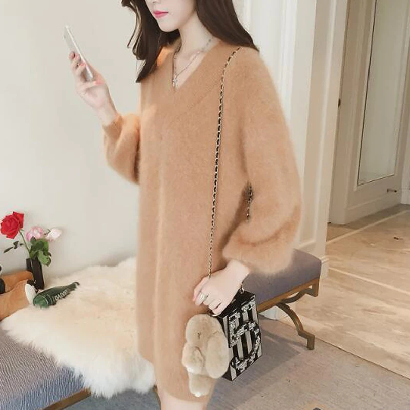 Women Natural Mink Cashmere Sweater Dress V Neck Sexy Long Pullover for lady spring Pink ksr537 | Женская одежда