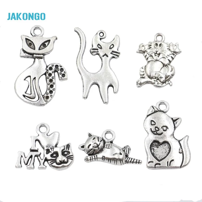

JAKONGO Mixed Tibetan Silver Plated Cat Charms Pendants for Jewelry Making DIY Handmade Craft 6styles 18pcs/lot
