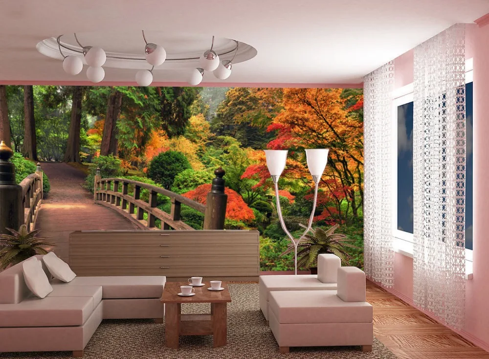 

[Self-Adhesive] 3D Wooden Bridge Maple Tree Forest 11 Wall Paper mural Wall Print Decal Wall Murals