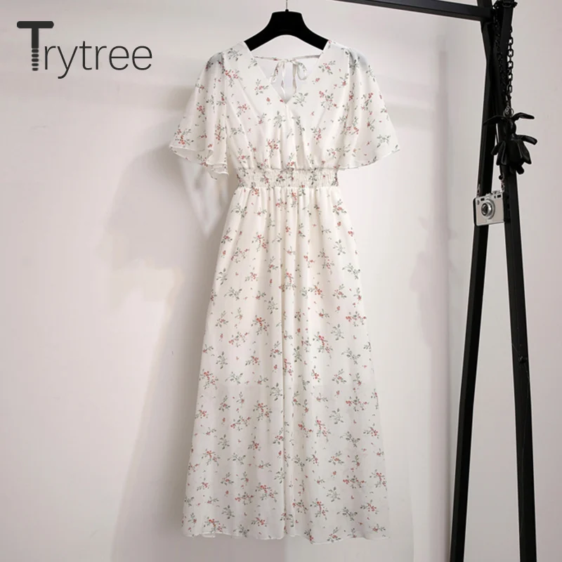 NO.6 Trytree летнее осеннее Повседневное платье женское с цветочным принтом, с рукавом-бабочкой, с эластичной талией, платья с v-образным вырезом, ТРАПЕЦИЕВИДНОЕ ПЛАТЬЕ до середины икры - Цвет: NO.6