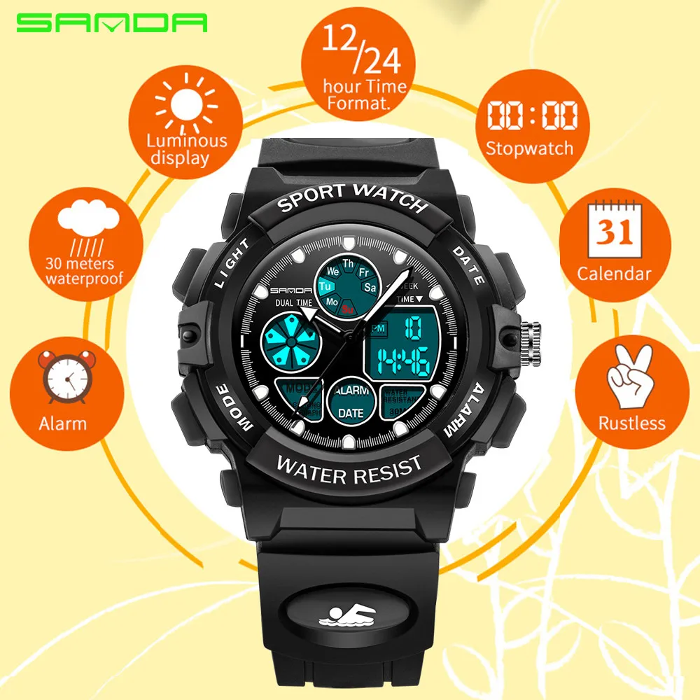 Детские спортивные часы детский будильник SANDA светодиодные цифровые кварцевые
