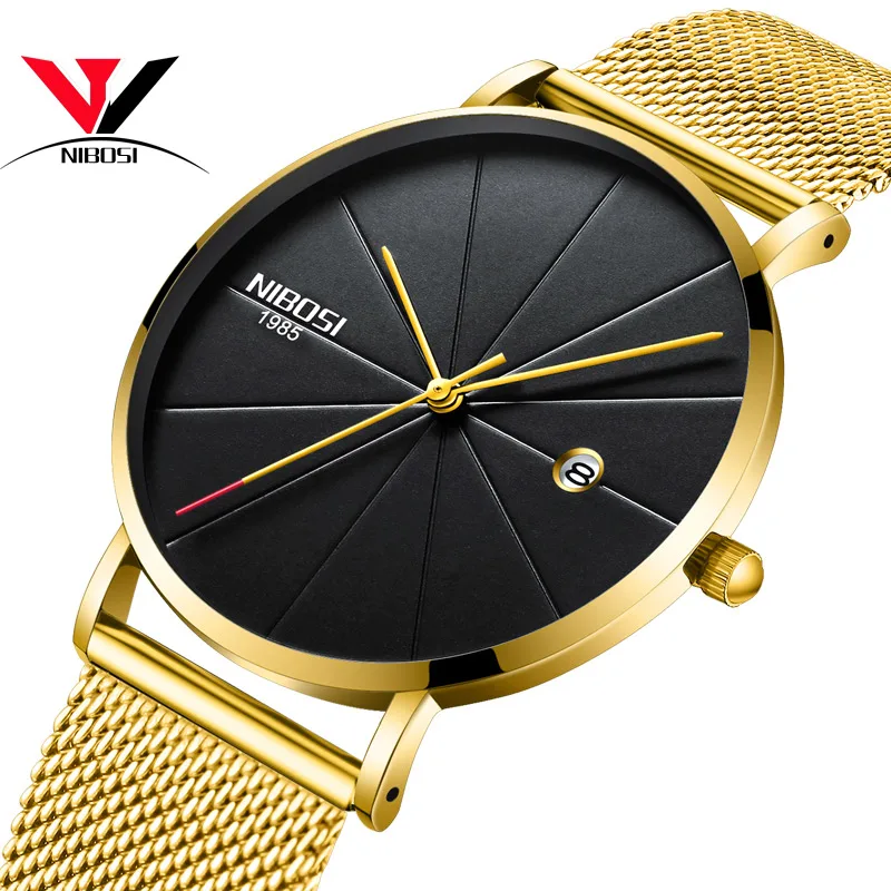 GOLD BLACK M Relogios NIBOSI Masculino тонкие часы для мужчин люксовый бренд сетчатый ремешок водонепроницаемые золотые часы унисекс для женщин/мужчин - Цвет: GOLD BLACK M
