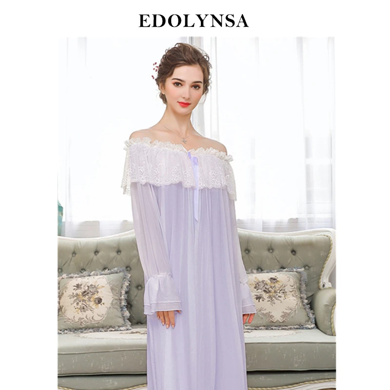 Фото Осенняя одежда для сна Женская винтажная ночная рубашка с длинным рукавом и