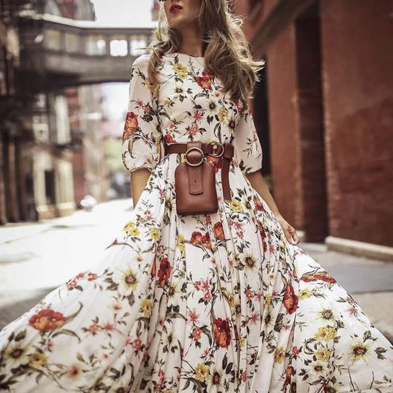 Женское платье макси в стиле бохо, летнее пляжное коктейльное платье, вечерние платья, длинный сарафан, модное повседневное Повседневное платье с рукавом до локтя, без пояса