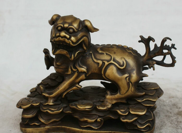 

song voge gem S2076 10" Chinese Copper Feng Shui Folk animal Kylin Chi-lin Qilin Statue sculpture