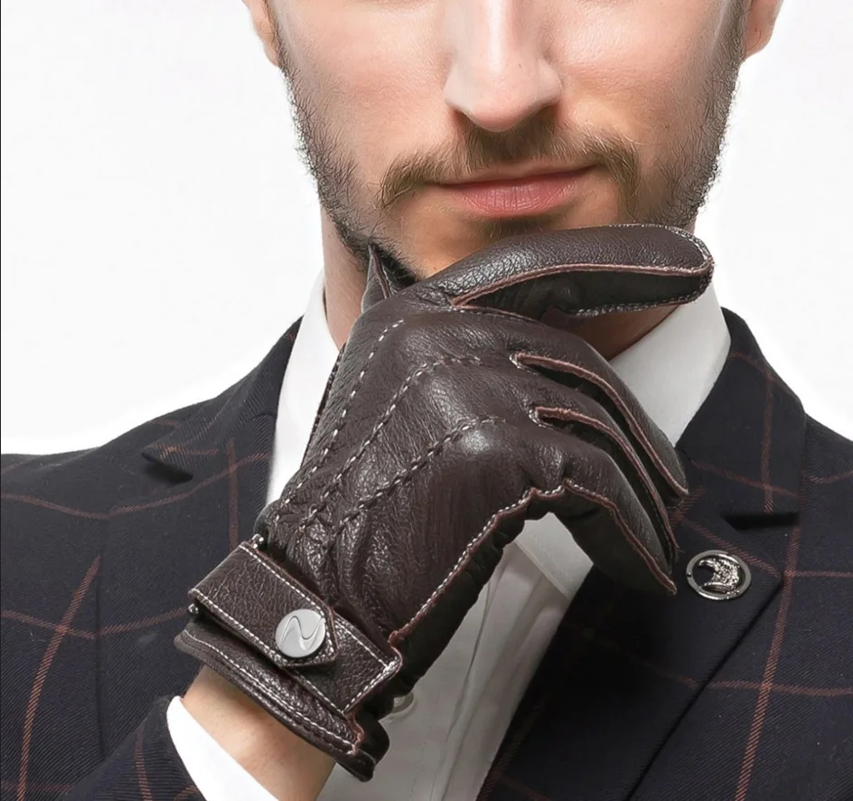Mens Deerskin Gloves Luxury Winter Genuine Leather Gloves Driving Men Luxury Soft Full Finger Warm Mittens Black Brown
