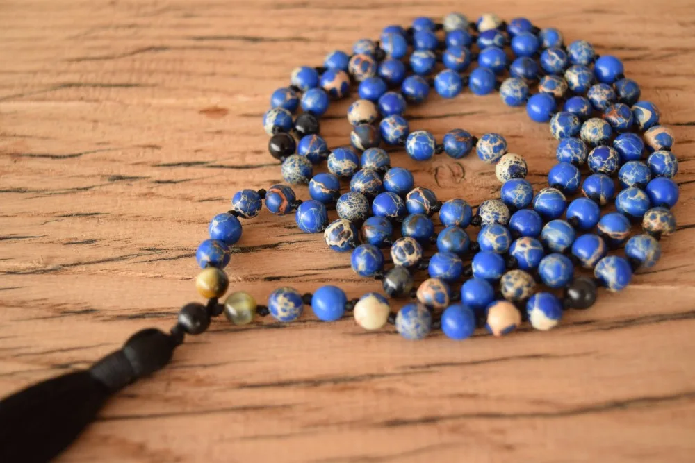 108 Mala Beads синее регалитовое ожерелье буддийские ювелирные изделия тигровый глаз