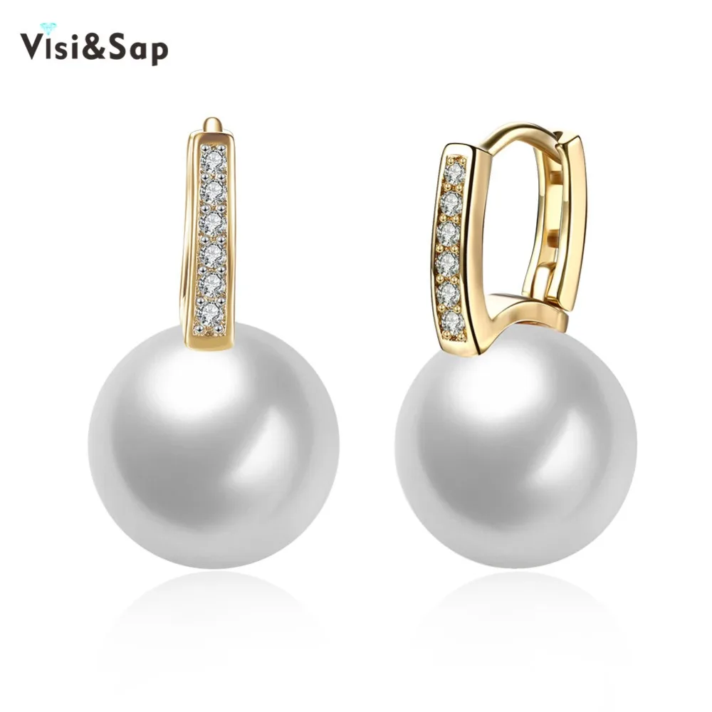 

Visisap Imitation Pearls Earring Champagne Color Hoop Earrings For Women Shell-Pearl Earings Brincos Fashion Jewelry VKZCE104