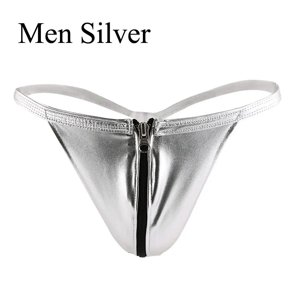 Silver Men Женские Мужские сексуальные стринги с открытой молнией, кожаные стринги, парные трусики на День святого Валентина, кожаные экзотические трусики - Цвет: Silver Men