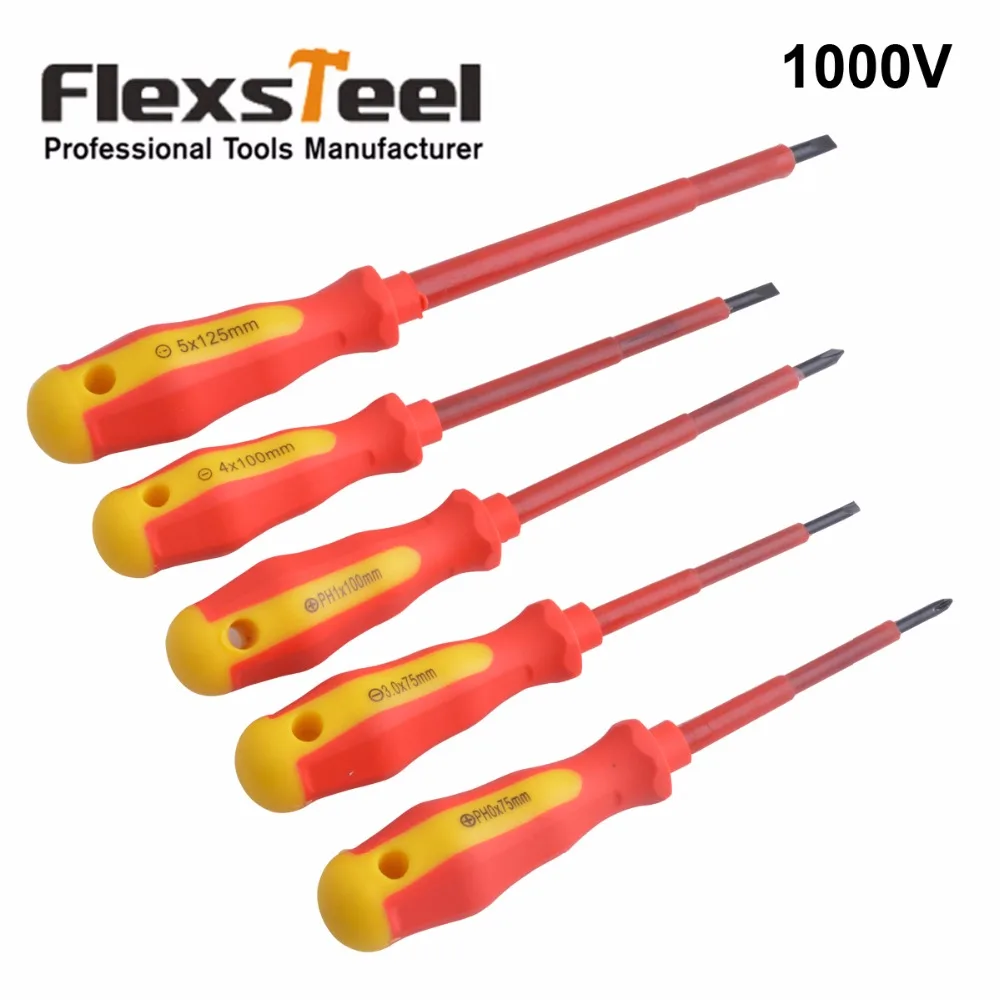 Набор Магнитных отверток Flexsteel 5 шт. VDE 1000 В С ph0x75мм ph1x100мм sl3x75мм sl4x100мм sl5x125 мм|insulated