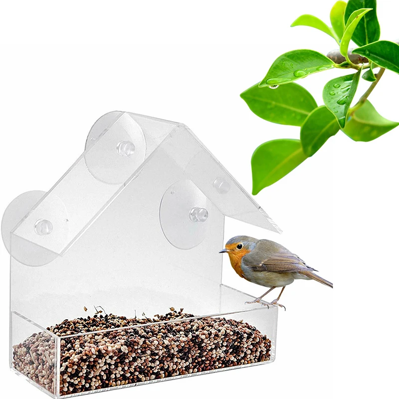 

New Clear Glass Window Viewing Bird Feeder Hotel Table Seed Peanut Hanging Suction Alimentador Adsorption House Type Bird Feeder