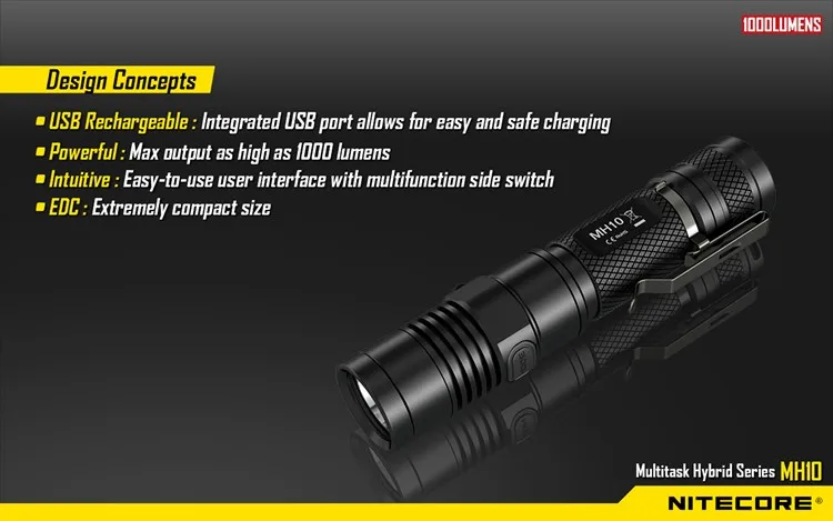 NITECORE MH10 1000 лм U2 светодиодный наружный перезаряжаемый портативный фонарик USB кабель для зарядки+ 1x18650 аккумулятор