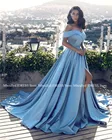 Элегантные атласные синие платья для выпускного вечера с высоким Боковым Разрезом 2021 Сексуальные вечерние платья с открытыми плечами для женщин Robe de soiree