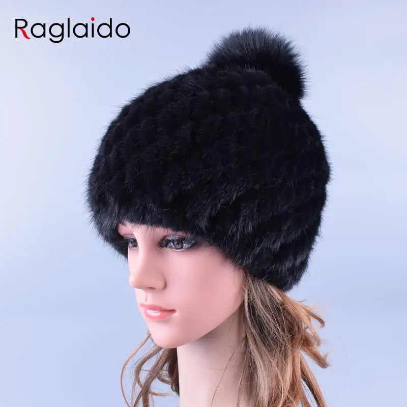 Raglaido шапки для женщин меховые Mink Fur Hat pompom caps Помпон Настоящее Норки Меховые Шапки