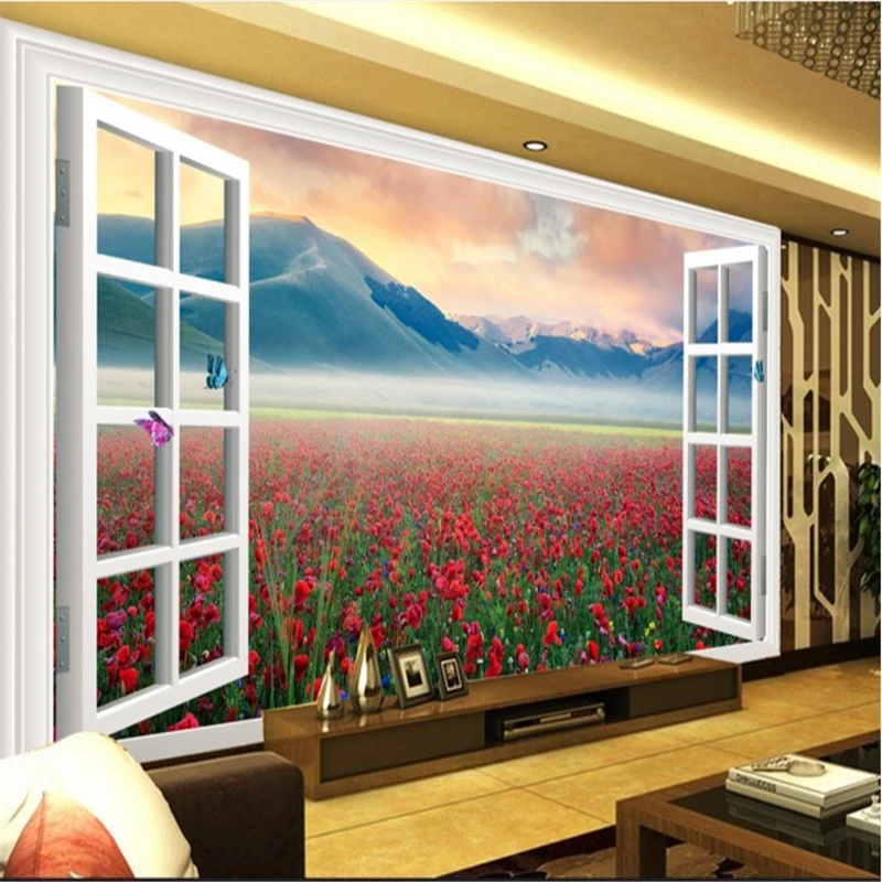 

beibehang Large custom wallpapers paper flowers grassland 3D window landscape bedroom TV backdrop papel de parede para quarto