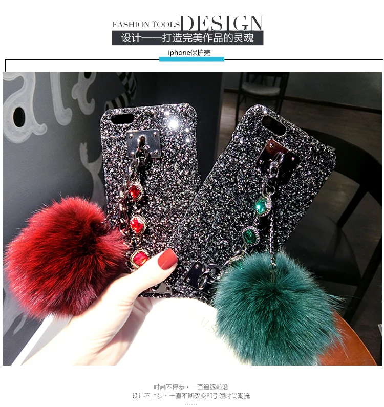for Iphone X 8 7 6S Plus Galaxy S8 S9 Note Lady Bling Glitter Retro Hand Strap Metal Chain Fur Hard Case Cover Protector |