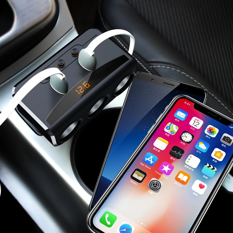 Автомобильный Разветвитель Прикуривателя с 3 гнездами, 2USB порта, адаптер зарядного устройства с переключателем, светодиодный дисплей с определением напряжения