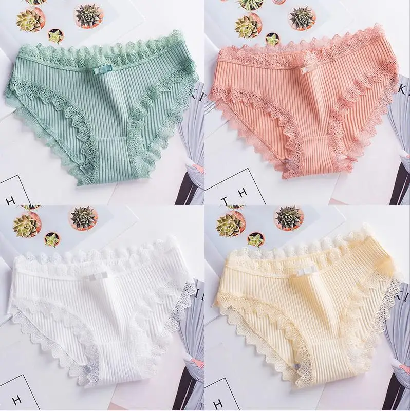 image 4 pieces Женское нижнее белье, летнее хлопковое однотонное кружевное нижнее белье для девочек, повседневные сексуальные дышащие тонкие трусы с низкой талией - Цвет: image 4 pieces