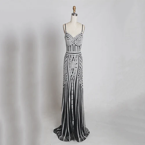 Black Sliver Robe De Soiree Вечерние платья Русалка Тюль Спагетти ремень открытая спина развертки бисером реальное изображение Выпускные платья LSX116 - Цвет: Black Sliver