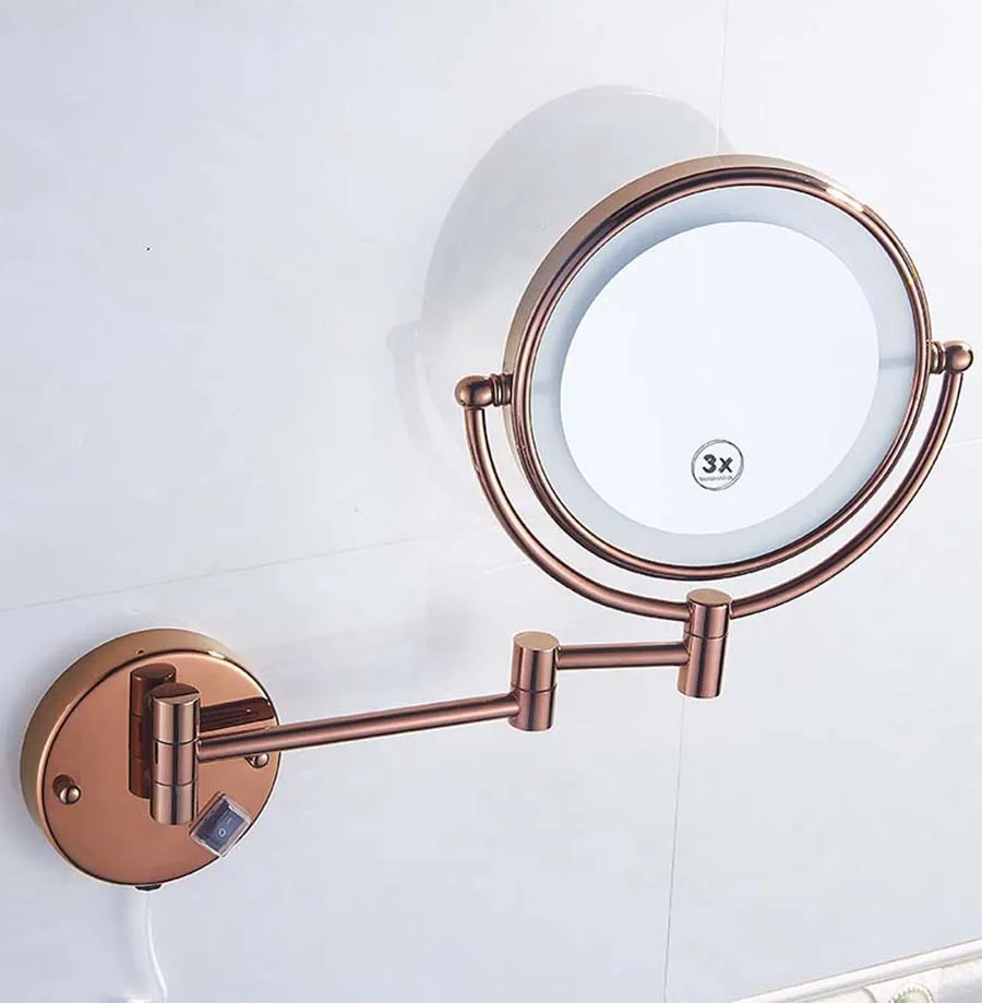 Rose gold 3X Латунный СВЕТОДИОДНЫЙ светильник, зеркало для ванной комнаты, 8 дюймов, Круглые, двойные стороны, 3X/5X, ванная комната, косметическое настенное крепление, увеличительное зеркало Shengweisi F - Цвет: Rose gold 3X